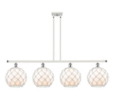 516-4I-WPC-G121-10RW 4-Light 48" White and Polished Chrome Island Light - White Large Farmhouse Glass with White Rope Glass - LED Bulb - Dimmensions: 48 x 10 x 13<br>Minimum Height : 22.375<br>Maximum Height : 46.375 - Sloped Ceiling Compatible: Yes