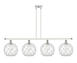 516-4I-WPC-G122-10RW 4-Light 48" White and Polished Chrome Island Light - Clear Large Farmhouse Glass with White Rope Glass - LED Bulb - Dimmensions: 48 x 10 x 13<br>Minimum Height : 22.375<br>Maximum Height : 46.375 - Sloped Ceiling Compatible: Yes