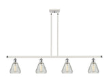 516-4I-WPC-G275 4-Light 48" White and Polished Chrome Island Light - Clear Crackle Conesus Glass - LED Bulb - Dimmensions: 48 x 6 x 11<br>Minimum Height : 20.375<br>Maximum Height : 44.375 - Sloped Ceiling Compatible: Yes