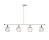 516-4I-WPC-G462-6 4-Light 48" White and Polished Chrome Island Light - Clear Norfolk Glass - LED Bulb - Dimmensions: 48 x 5.75 x 10<br>Minimum Height : 20.375<br>Maximum Height : 44.375 - Sloped Ceiling Compatible: Yes