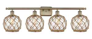 4-Light 36" Antique Brass Bath Vanity Light - Clear Farmhouse Glass with Brown Rope Glass LED
