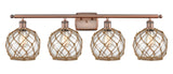 516-4W-AC-G122-8RB 4-Light 36" Antique Copper Bath Vanity Light - Clear Farmhouse Glass with Brown Rope Glass - LED Bulb - Dimmensions: 36 x 8 x 11 - Glass Up or Down: Yes