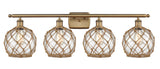 516-4W-BB-G122-8RB 4-Light 36" Brushed Brass Bath Vanity Light - Clear Farmhouse Glass with Brown Rope Glass - LED Bulb - Dimmensions: 36 x 8 x 11 - Glass Up or Down: Yes