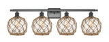 516-4W-BK-G122-8RB 4-Light 36" Matte Black Bath Vanity Light - Clear Farmhouse Glass with Brown Rope Glass - LED Bulb - Dimmensions: 36 x 8 x 11 - Glass Up or Down: Yes