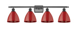 516-4W-BK-MBD-75-RD 4-Light 37.5" Matte Black Bath Vanity Light - Red Plymouth Dome Shade - LED Bulb - Dimmensions: 37.5 x 7.875 x 10.75 - Glass Up or Down: Yes