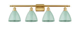 516-4W-SG-MBD-75-SF 4-Light 37.5" Satin Gold Bath Vanity Light - Seafoam Plymouth Dome Shade - LED Bulb - Dimmensions: 37.5 x 7.875 x 10.75 - Glass Up or Down: Yes