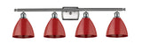 516-4W-SN-MBD-75-RD 4-Light 37.5" Brushed Satin Nickel Bath Vanity Light - Red Plymouth Dome Shade - LED Bulb - Dimmensions: 37.5 x 7.875 x 10.75 - Glass Up or Down: Yes