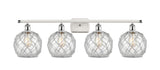 516-4W-WPC-G122-8RW 4-Light 36" White and Polished Chrome Bath Vanity Light - Clear Farmhouse Glass with White Rope Glass - LED Bulb - Dimmensions: 36 x 8 x 11 - Glass Up or Down: Yes
