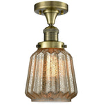 1-Light 7" Antique Brass Semi-Flush Mount - Mercury Plated Chatham Glass LED