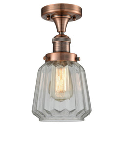 1-Light 7" Antique Brass Semi-Flush Mount - Clear Chatham Glass LED