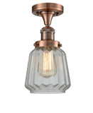 517-1CH-AC-G142 1-Light 7" Antique Copper Semi-Flush Mount - Clear Chatham Glass - LED Bulb - Dimmensions: 7 x 7 x 13.5 - Sloped Ceiling Compatible: No