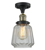 517-1CH-BAB-G142 1-Light 7" Black Antique Brass Semi-Flush Mount - Clear Chatham Glass - LED Bulb - Dimmensions: 7 x 7 x 13.5 - Sloped Ceiling Compatible: No