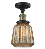 517-1CH-BAB-G146 1-Light 7" Black Antique Brass Semi-Flush Mount - Mercury Plated Chatham Glass - LED Bulb - Dimmensions: 7 x 7 x 13.5 - Sloped Ceiling Compatible: No