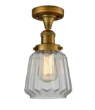 517-1CH-BB-G142 1-Light 7" Brushed Brass Semi-Flush Mount - Clear Chatham Glass - LED Bulb - Dimmensions: 7 x 7 x 13.5 - Sloped Ceiling Compatible: No