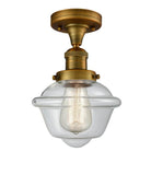 517-1CH-BB-G532 1-Light 7.5" Brushed Brass Semi-Flush Mount - Clear Small Oxford Glass - LED Bulb - Dimmensions: 7.5 x 7.5 x 11 - Sloped Ceiling Compatible: No