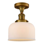 517-1CH-BB-G71 1-Light 8" Brushed Brass Semi-Flush Mount - Matte White Cased Large Bell Glass - LED Bulb - Dimmensions: 8 x 8 x 11.5 - Sloped Ceiling Compatible: No