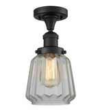 517-1CH-BK-G142 1-Light 7" Matte Black Semi-Flush Mount - Clear Chatham Glass - LED Bulb - Dimmensions: 7 x 7 x 13.5 - Sloped Ceiling Compatible: No