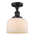517-1CH-BK-G71 1-Light 8" Matte Black Semi-Flush Mount - Matte White Cased Large Bell Glass - LED Bulb - Dimmensions: 8 x 8 x 11.5 - Sloped Ceiling Compatible: No