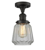 517-1CH-OB-G142 1-Light 7" Oil Rubbed Bronze Semi-Flush Mount - Clear Chatham Glass - LED Bulb - Dimmensions: 7 x 7 x 13.5 - Sloped Ceiling Compatible: No