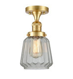 517-1CH-SG-G142 1-Light 7" Satin Gold Semi-Flush Mount - Clear Chatham Glass - LED Bulb - Dimmensions: 7 x 7 x 13.5 - Sloped Ceiling Compatible: No