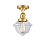 517-1CH-SG-G532 1-Light 7.5" Satin Gold Semi-Flush Mount - Clear Small Oxford Glass - LED Bulb - Dimmensions: 7.5 x 7.5 x 11 - Sloped Ceiling Compatible: No