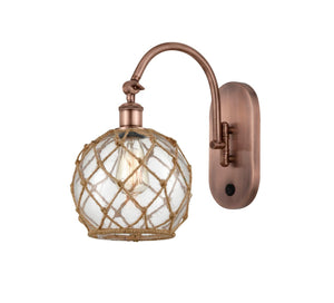 518-1W-AB-G122-8RB 1-Light 8" Antique Brass Sconce - Clear Farmhouse Glass with Brown Rope Glass - LED Bulb - Dimmensions: 8 x 14 x 13.75 - Glass Up or Down: Yes