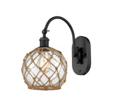 518-1W-BK-G122-8RB 1-Light 8" Matte Black Sconce - Clear Farmhouse Glass with Brown Rope Glass - LED Bulb - Dimmensions: 8 x 14 x 13.75 - Glass Up or Down: Yes