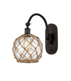 518-1W-OB-G122-8RB 1-Light 8" Oil Rubbed Bronze Sconce - Clear Farmhouse Glass with Brown Rope Glass - LED Bulb - Dimmensions: 8 x 14 x 13.75 - Glass Up or Down: Yes