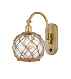 518-1W-SG-G122-8RB 1-Light 8" Satin Gold Sconce - Clear Farmhouse Glass with Brown Rope Glass - LED Bulb - Dimmensions: 8 x 14 x 13.75 - Glass Up or Down: Yes