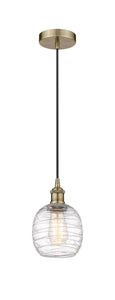 Cord Hung 6" Antique Brass Mini Pendant - Deco Swirl Belfast Glass - LED Bulb Included