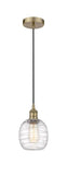 Cord Hung 6" Antique Brass Mini Pendant - Deco Swirl Belfast Glass - LED Bulb Included