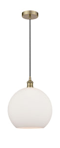 Cord Hung 11.75" Antique Brass Mini Pendant - Cased Matte White Large Athens Glass LED