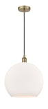 616-1P-AB-G121-14 1-Light 13.75" Antique Brass Pendant - Cased Matte White Large Athens Glass - LED Bulb - Dimmensions: 13.75 x 13.75 x 18.375<br>Minimum Height : 21.375<br>Maximum Height : 138.375 - Sloped Ceiling Compatible: Yes