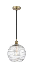 616-1P-AB-G1213-10 Cord Hung 10" Antique Brass Mini Pendant - Clear Athens Deco Swirl 8" Glass - LED Bulb - Dimmensions: 10 x 10 x 13<br>Minimum Height : 15.75<br>Maximum Height : 133.75 - Sloped Ceiling Compatible: Yes