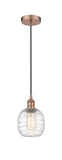 Cord Hung 6" Antique Copper Mini Pendant - Deco Swirl Belfast Glass - LED Bulb Included
