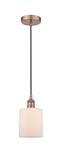 616-1P-AC-G111 Cord Hung 5" Antique Copper Mini Pendant - Matte White Cobbleskill Glass - LED Bulb - Dimmensions: 5 x 5 x 8<br>Minimum Height : 12.75<br>Maximum Height : 130.75 - Sloped Ceiling Compatible: Yes