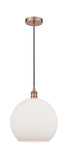 616-1P-AC-G121-12 Cord Hung 11.75" Antique Copper Mini Pendant - Cased Matte White Large Athens Glass - LED Bulb - Dimmensions: 11.75 x 11.75 x 16.375<br>Minimum Height : 19.375<br>Maximum Height : 136.375 - Sloped Ceiling Compatible: Yes