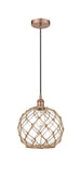 616-1P-AC-G122-10RB Cord Hung 10" Antique Copper Mini Pendant - Clear Large Farmhouse Glass with Brown Rope Glass - LED Bulb - Dimmensions: 10 x 10 x 13<br>Minimum Height : 15.75<br>Maximum Height : 133.75 - Sloped Ceiling Compatible: Yes