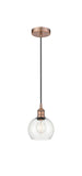 616-1P-AC-G122-6 Cord Hung 6" Antique Copper Mini Pendant - Clear Athens Glass - LED Bulb - Dimmensions: 6 x 6 x 9.875<br>Minimum Height : 12.875<br>Maximum Height : 129.875 - Sloped Ceiling Compatible: Yes