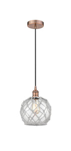 Cord Hung 8" Antique Copper Mini Pendant - Clear Farmhouse Glass with White Rope Glass LED