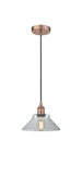 616-1P-AC-G132 Cord Hung 8.375" Antique Copper Mini Pendant - Clear Orwell Glass - LED Bulb - Dimmensions: 8.375 x 8.375 x 6.5<br>Minimum Height : 10.75<br>Maximum Height : 128.75 - Sloped Ceiling Compatible: Yes