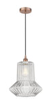 616-1P-AC-G212 Cord Hung 12" Antique Copper Mini Pendant - Clear Spiral Fluted Springwater Glass - LED Bulb - Dimmensions: 12 x 12 x 14<br>Minimum Height : 18.75<br>Maximum Height : 136.75 - Sloped Ceiling Compatible: Yes