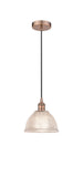 616-1P-AC-G422 Cord Hung 8" Antique Copper Mini Pendant - Clear Arietta Glass - LED Bulb - Dimmensions: 8 x 8 x 8<br>Minimum Height : 12.75<br>Maximum Height : 130.75 - Sloped Ceiling Compatible: Yes