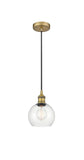 616-1P-BB-G122-6 Cord Hung 6" Brushed Brass Mini Pendant - Clear Athens Glass - LED Bulb - Dimmensions: 6 x 6 x 9.875<br>Minimum Height : 12.875<br>Maximum Height : 129.875 - Sloped Ceiling Compatible: Yes