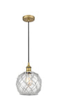 616-1P-BB-G122-8RW Cord Hung 8" Brushed Brass Mini Pendant - Clear Farmhouse Glass with White Rope Glass - LED Bulb - Dimmensions: 8 x 8 x 10<br>Minimum Height : 13.75<br>Maximum Height : 131.75 - Sloped Ceiling Compatible: Yes