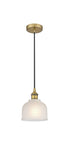 616-1P-BB-G411 Cord Hung 5.5" Brushed Brass Mini Pendant - White Dayton Glass - LED Bulb - Dimmensions: 5.5 x 5.5 x 8.5<br>Minimum Height : 12.75<br>Maximum Height : 130.75 - Sloped Ceiling Compatible: Yes