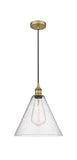 616-1P-BB-GBC-124 Cord Hung 12" Brushed Brass Mini Pendant - Seedy Edison Cone Glass - LED Bulb - Dimmensions: 12 x 12 x 14.75<br>Minimum Height : 17.75<br>Maximum Height : 134.75 - Sloped Ceiling Compatible: Yes