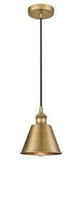 616-1P-BB-M8 Cord Hung 7" Brushed Brass Mini Pendant - Matte Black Smithfield Shade - LED Bulb - Dimmensions: 7 x 7 x 7.5<br>Minimum Height : 12.75<br>Maximum Height : 130.75 - Sloped Ceiling Compatible: Yes