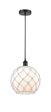 616-1P-BK-G121-10RW Cord Hung 10" Matte Black Mini Pendant - White Large Farmhouse Glass with White Rope Glass - LED Bulb - Dimmensions: 10 x 10 x 13<br>Minimum Height : 15.75<br>Maximum Height : 133.75 - Sloped Ceiling Compatible: Yes