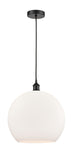 616-1P-BK-G121-14 1-Light 13.75" Matte Black Pendant - Cased Matte White Large Athens Glass - LED Bulb - Dimmensions: 13.75 x 13.75 x 18.375<br>Minimum Height : 21.375<br>Maximum Height : 138.375 - Sloped Ceiling Compatible: Yes